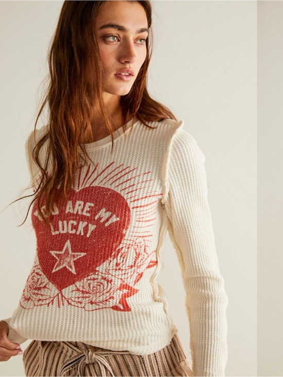 We The Free Tops - Cream Waffle Knit Graphic Sweater with Red Heart Print